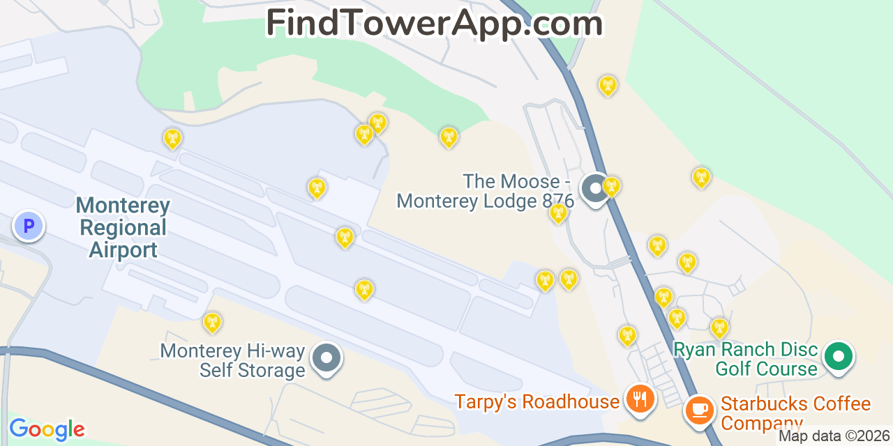 Map showing the 20 primary cell tower locations detected in Del Rey Oaks, California from AT&T, Verizon, and T-Mobile networks