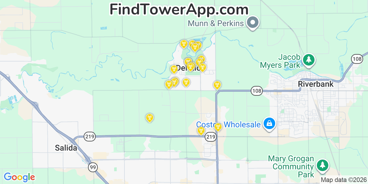 Map showing the 20 primary cell tower locations detected in Del Rio, California from AT&T, Verizon, and T-Mobile networks