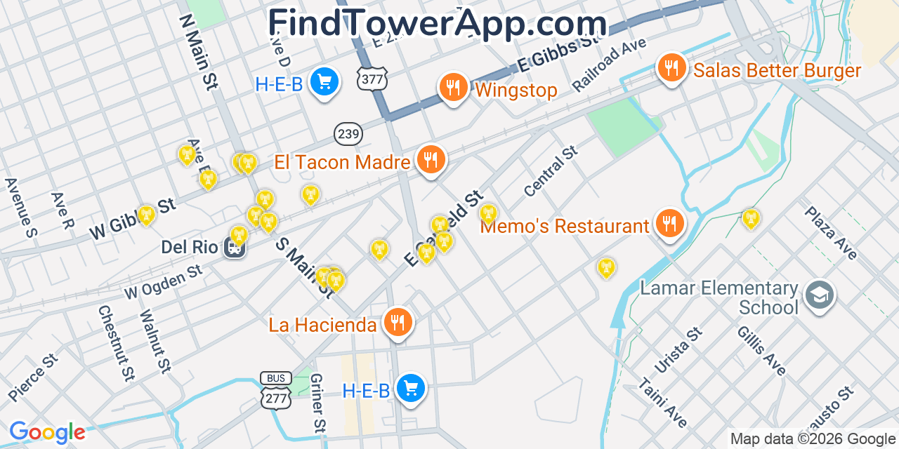 Map showing the 20 primary cell tower locations detected in Del Rio, Texas from AT&T, Verizon, and T-Mobile networks