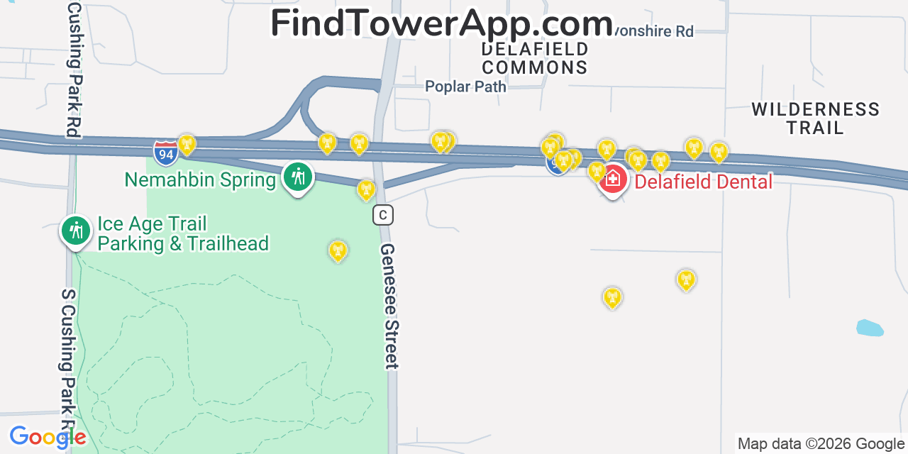 Map showing the 20 primary cell tower locations detected in Delafield, Wisconsin from AT&T, Verizon, and T-Mobile networks
