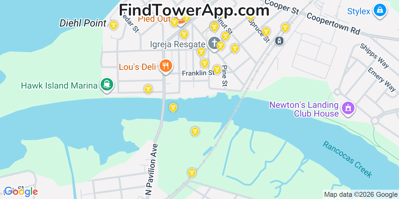 Map showing the 20 primary cell tower locations detected in Delanco, New Jersey from AT&T, Verizon, and T-Mobile networks