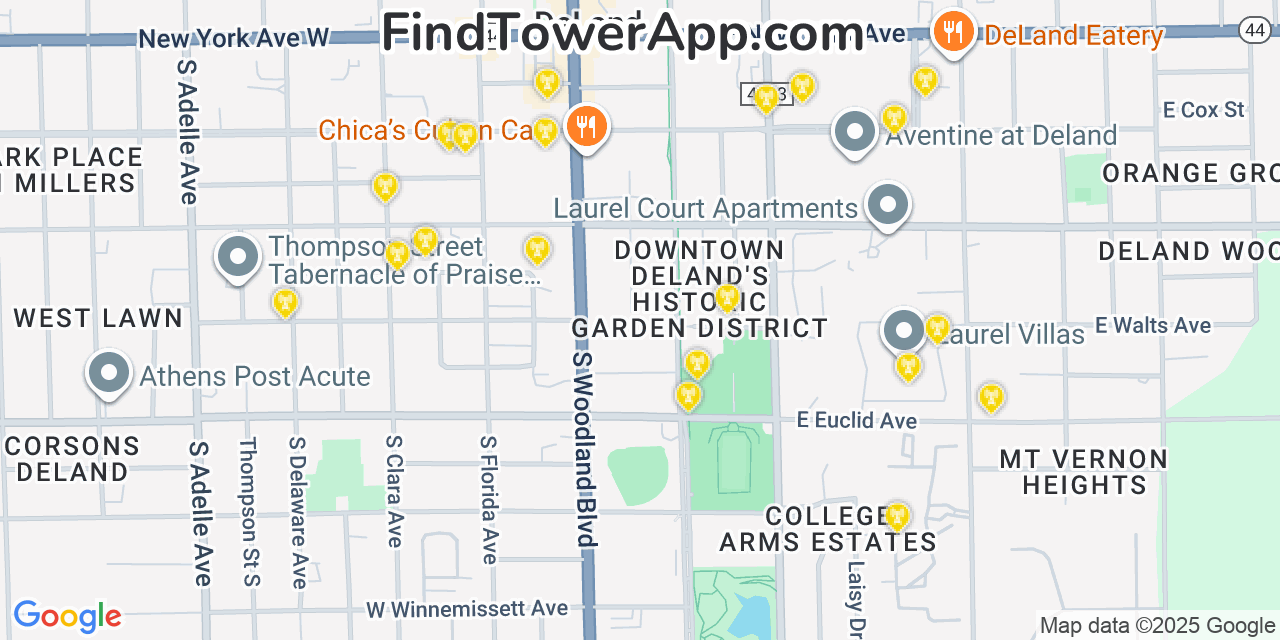 Map showing the 20 primary AT&T cell tower locations detected in Deland, Florida with coverage radius and signal strength indicators