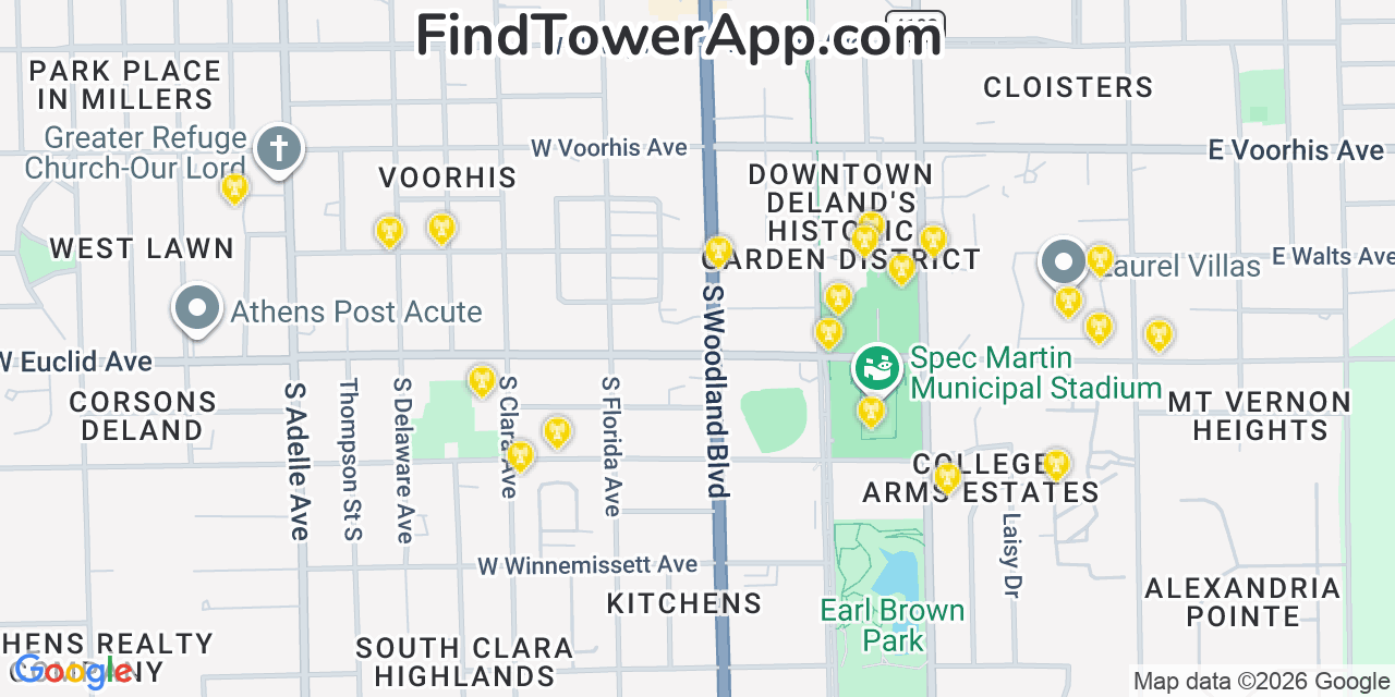 Map showing the 20 primary cell tower locations detected in Deland, Florida from AT&T, Verizon, and T-Mobile networks