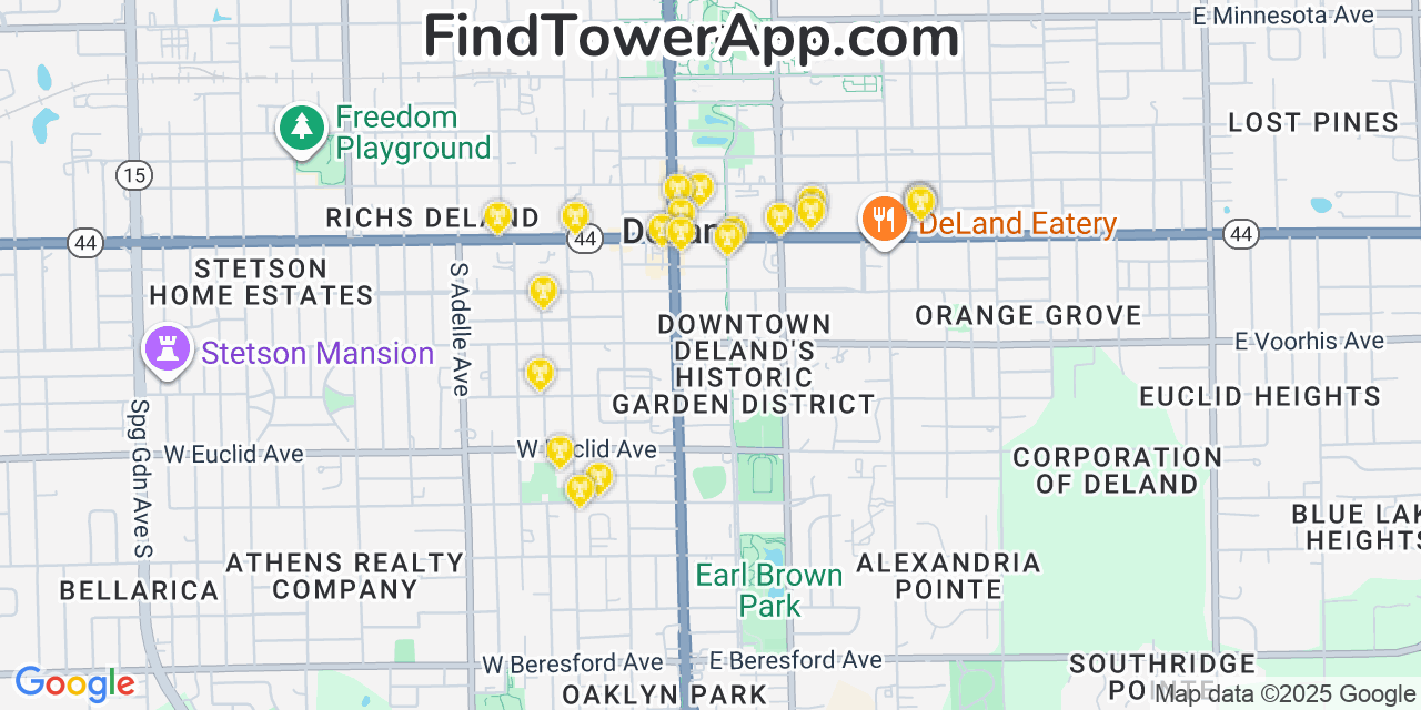 Map showing the 20 primary T-Mobile cell tower locations detected in Deland, Florida with coverage radius and signal strength indicators