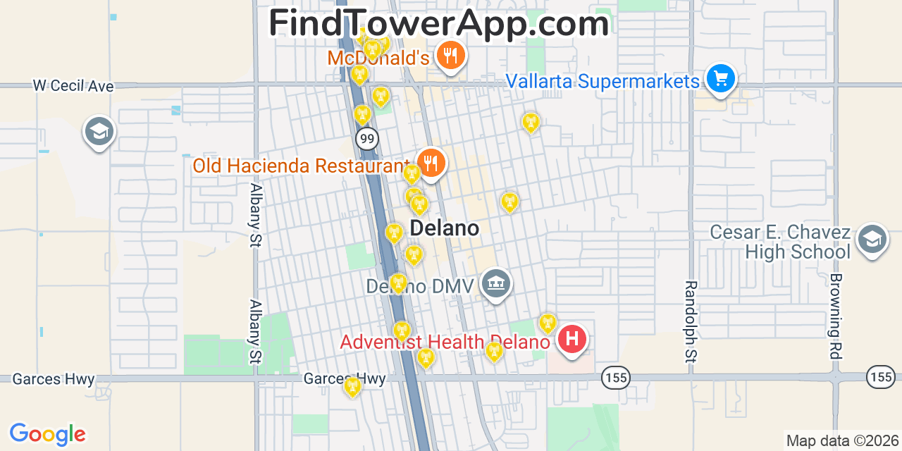 Map showing the 20 primary cell tower locations detected in Delano, California from AT&T, Verizon, and T-Mobile networks