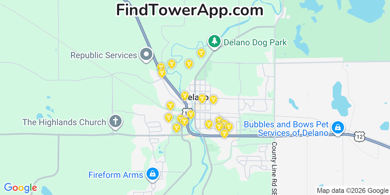 Map showing the 20 primary cell tower locations detected in Delano, Minnesota from AT&T, Verizon, and T-Mobile networks
