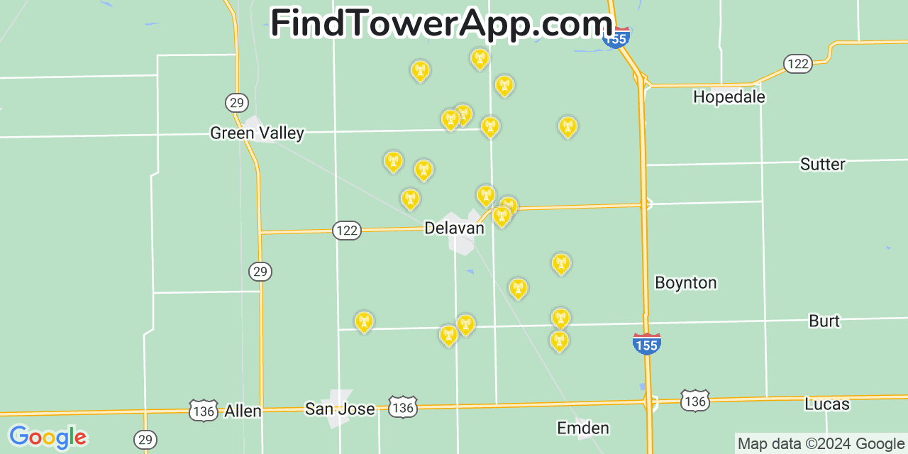 AT&T 4G/5G cell tower coverage map Delavan, Illinois