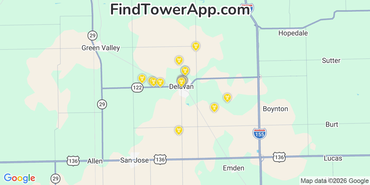 Map showing the 20 primary cell tower locations detected in Delavan, Illinois from AT&T, Verizon, and T-Mobile networks