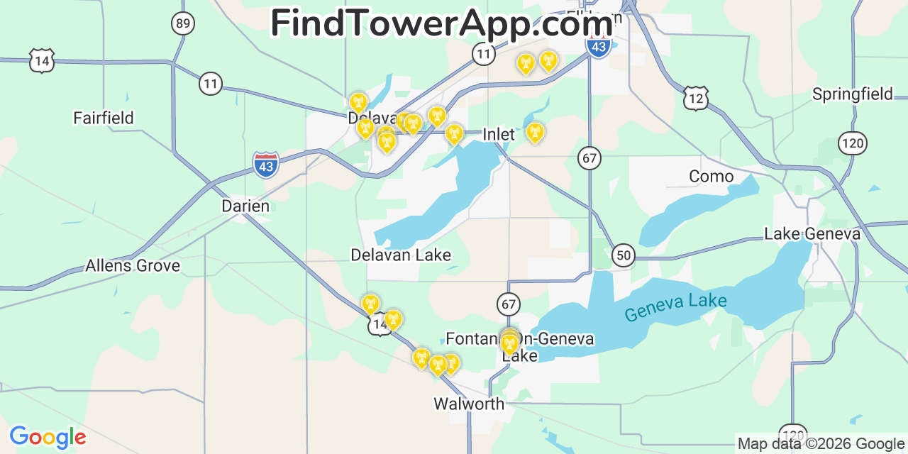 Map showing the 20 primary cell tower locations detected in Delavan Lake, Wisconsin from AT&T, Verizon, and T-Mobile networks