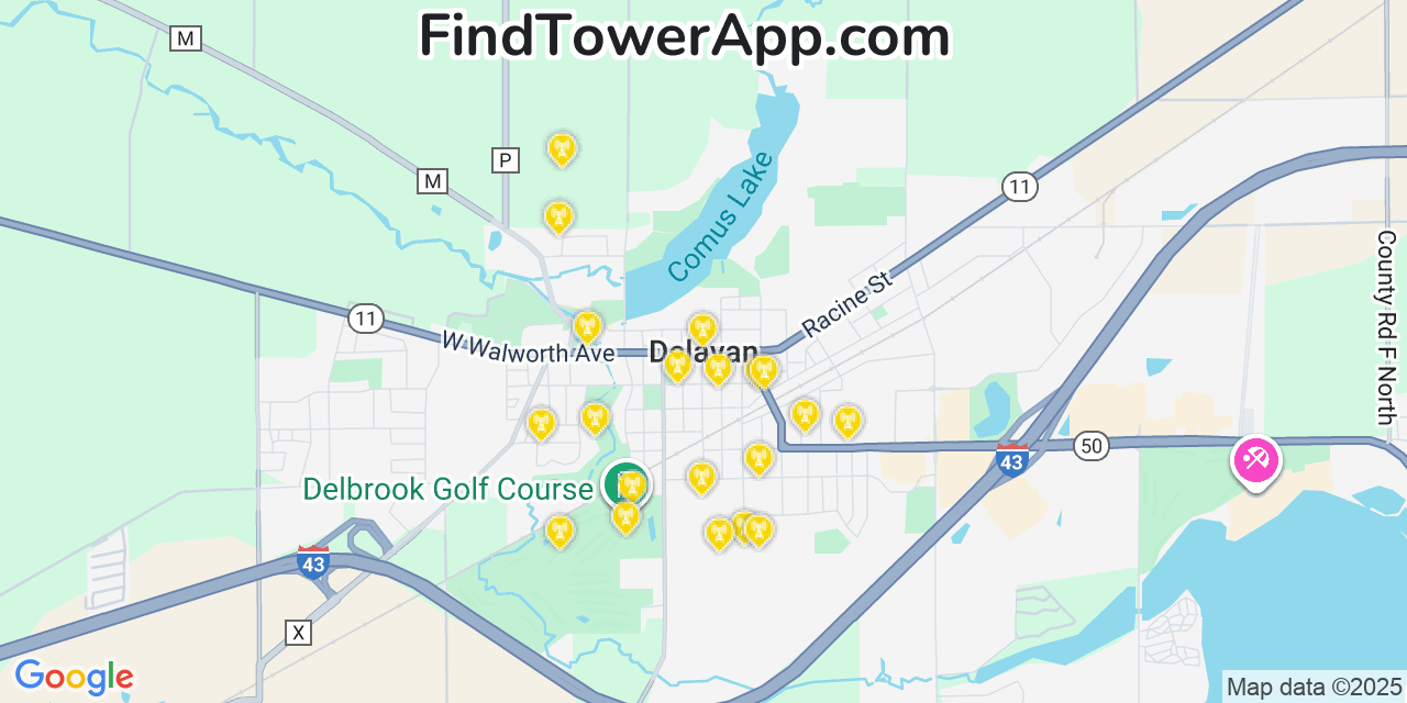 Map showing the 20 primary cell tower locations detected in Delavan, Wisconsin from AT&T, Verizon, and T-Mobile networks