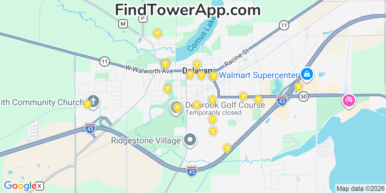 Map showing the 20 primary cell tower locations detected in Delavan, Wisconsin from AT&T, Verizon, and T-Mobile networks