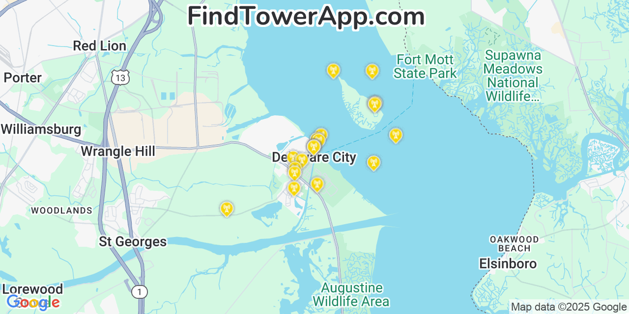 Map showing the 20 primary cell tower locations detected in Delaware City, Delaware from AT&T, Verizon, and T-Mobile networks
