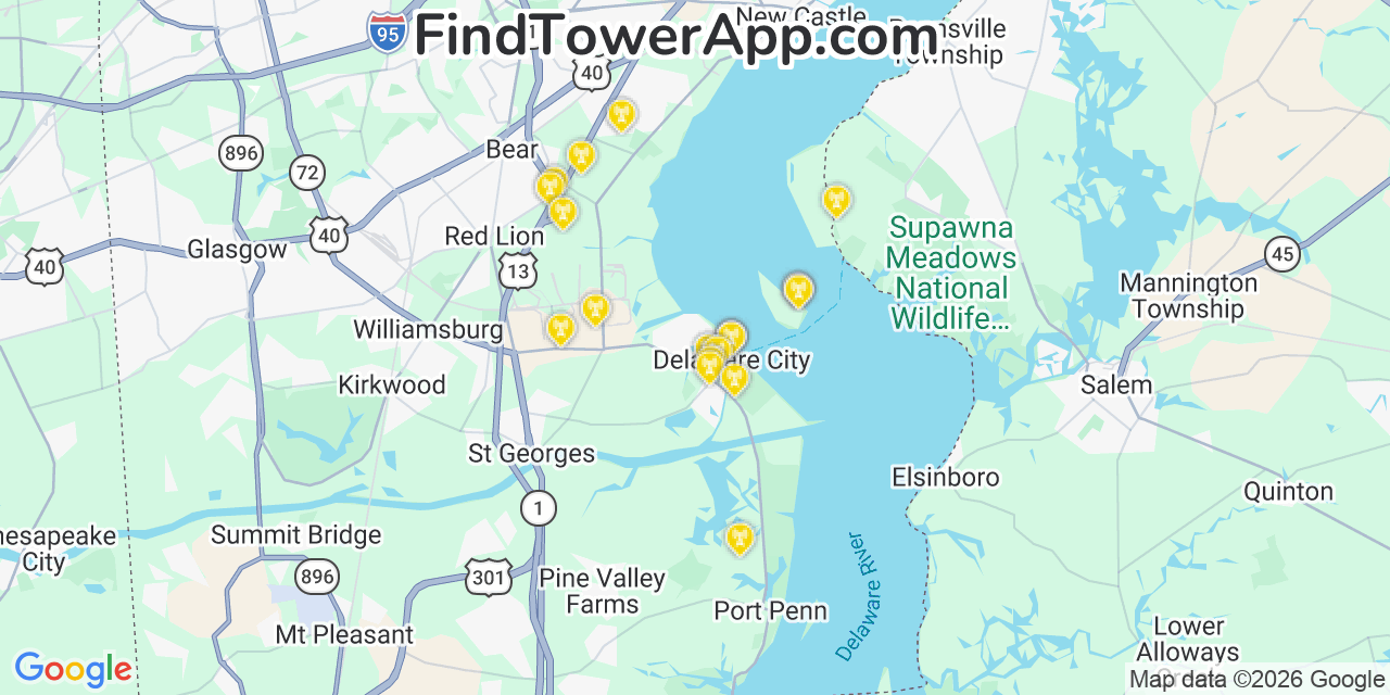 Map showing the 20 primary cell tower locations detected in Delaware City, Delaware from AT&T, Verizon, and T-Mobile networks