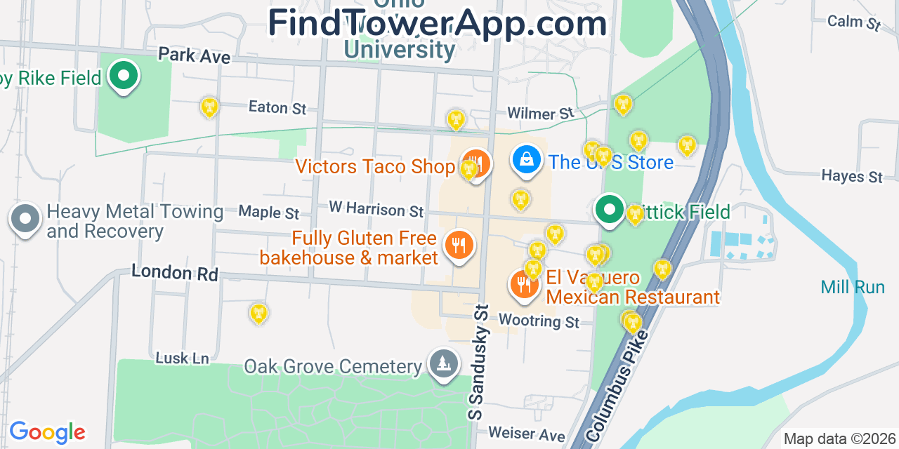 Map showing the 20 primary cell tower locations detected in Delaware, Ohio from AT&T, Verizon, and T-Mobile networks