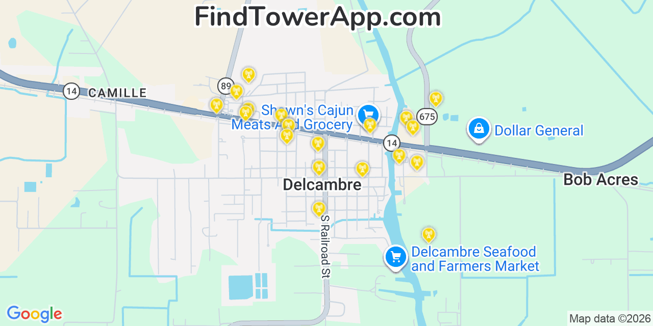 Map showing the 20 primary cell tower locations detected in Delcambre, Louisiana from AT&T, Verizon, and T-Mobile networks