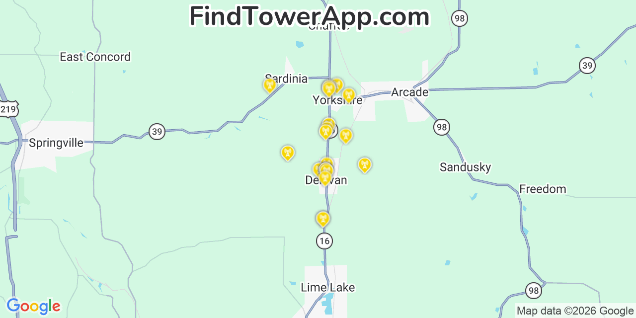 Map showing the 20 primary cell tower locations detected in Delevan, New York from AT&T, Verizon, and T-Mobile networks