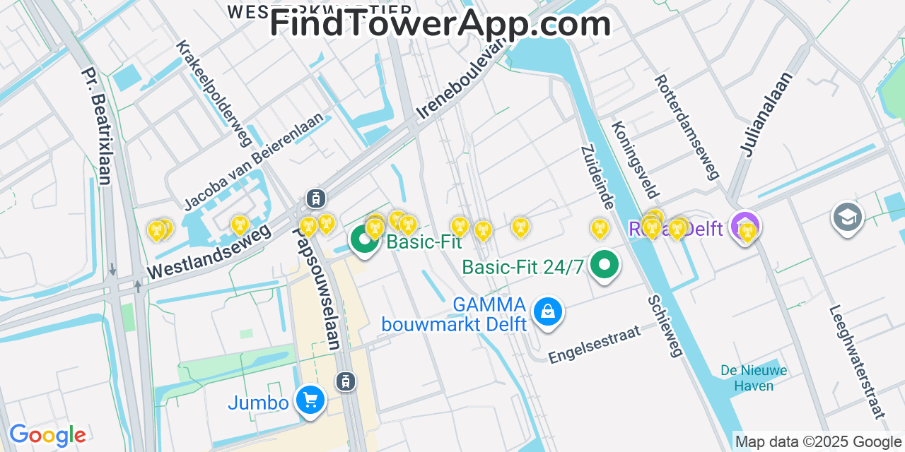 Map showing the 20 primary cell tower locations detected in Delft, Netherlands with coverage areas and signal strength
