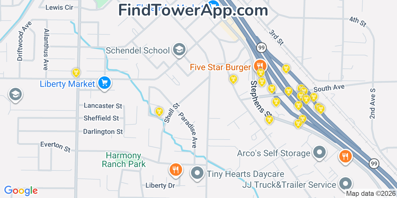 Map showing the 20 primary cell tower locations detected in Delhi, California from AT&T, Verizon, and T-Mobile networks