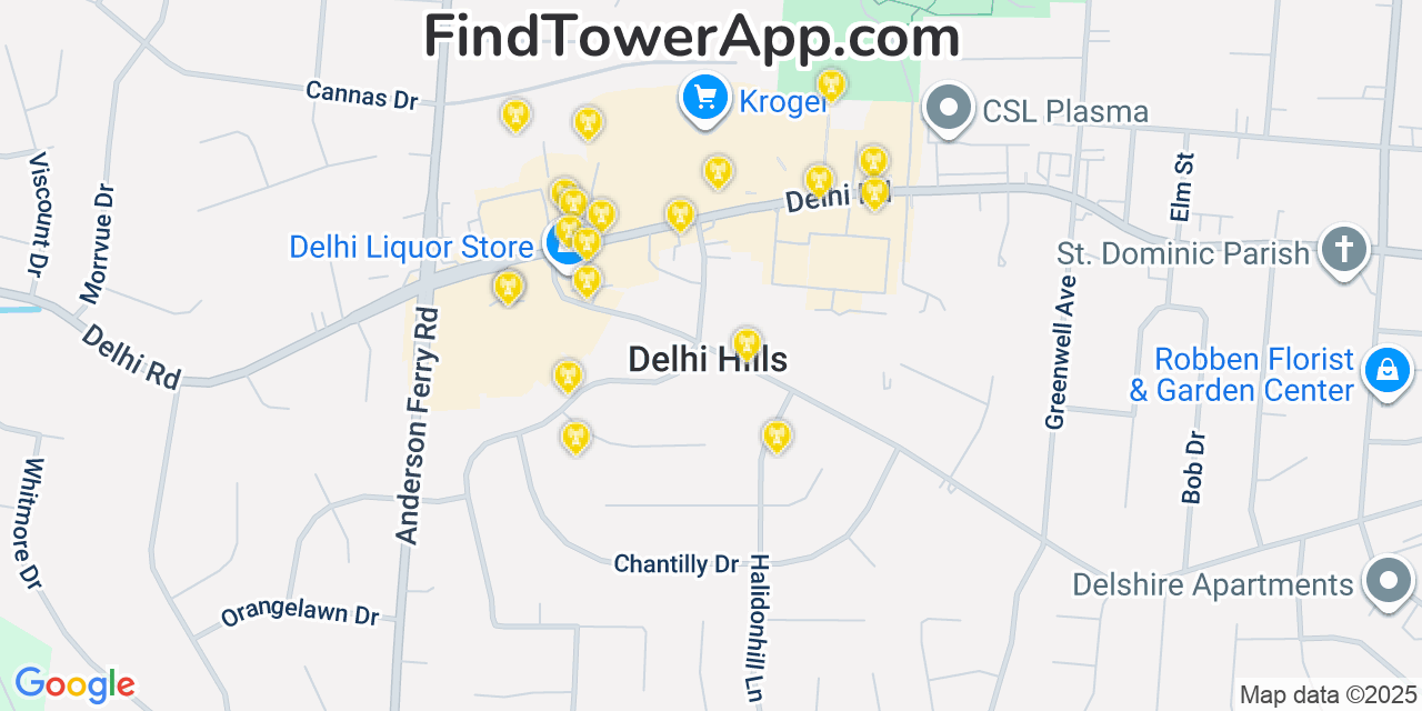 Map showing the 20 primary cell tower locations detected in Delhi Hills, Ohio from AT&T, Verizon, and T-Mobile networks