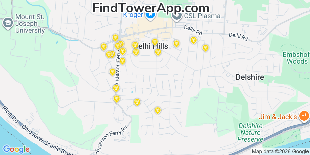 Map showing the 20 primary cell tower locations detected in Delhi Hills, Ohio from AT&T, Verizon, and T-Mobile networks