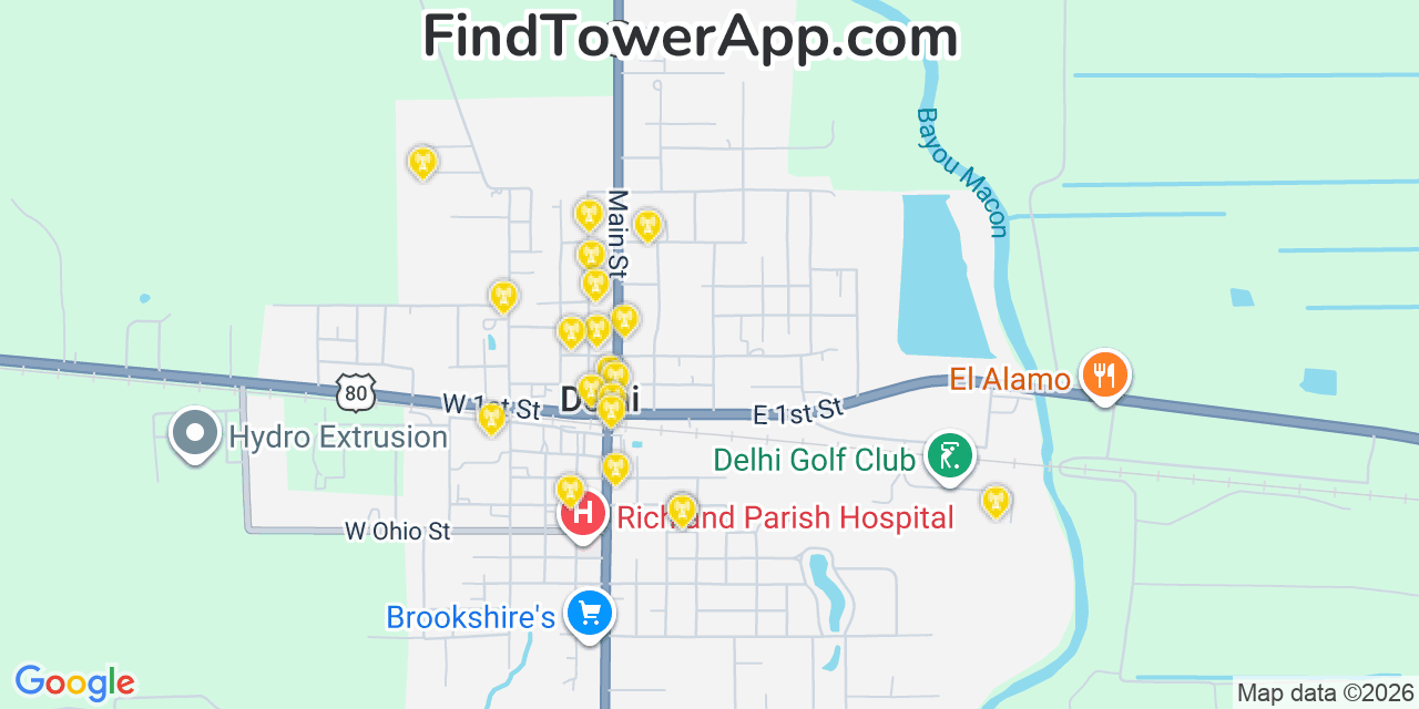 Map showing the 20 primary cell tower locations detected in Delhi, Louisiana from AT&T, Verizon, and T-Mobile networks