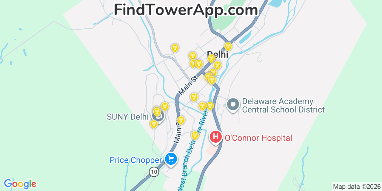 Map showing the 20 primary cell tower locations detected in Delhi, New York from AT&T, Verizon, and T-Mobile networks