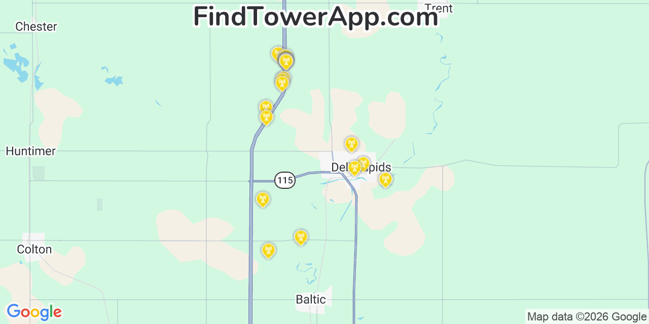 Map showing the 20 primary cell tower locations detected in Dell Rapids, South Dakota from AT&T, Verizon, and T-Mobile networks