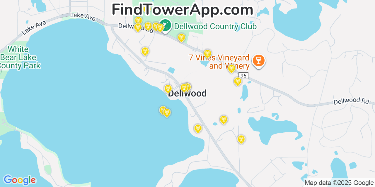 Map showing the 20 primary cell tower locations detected in Dellwood, Minnesota from AT&T, Verizon, and T-Mobile networks