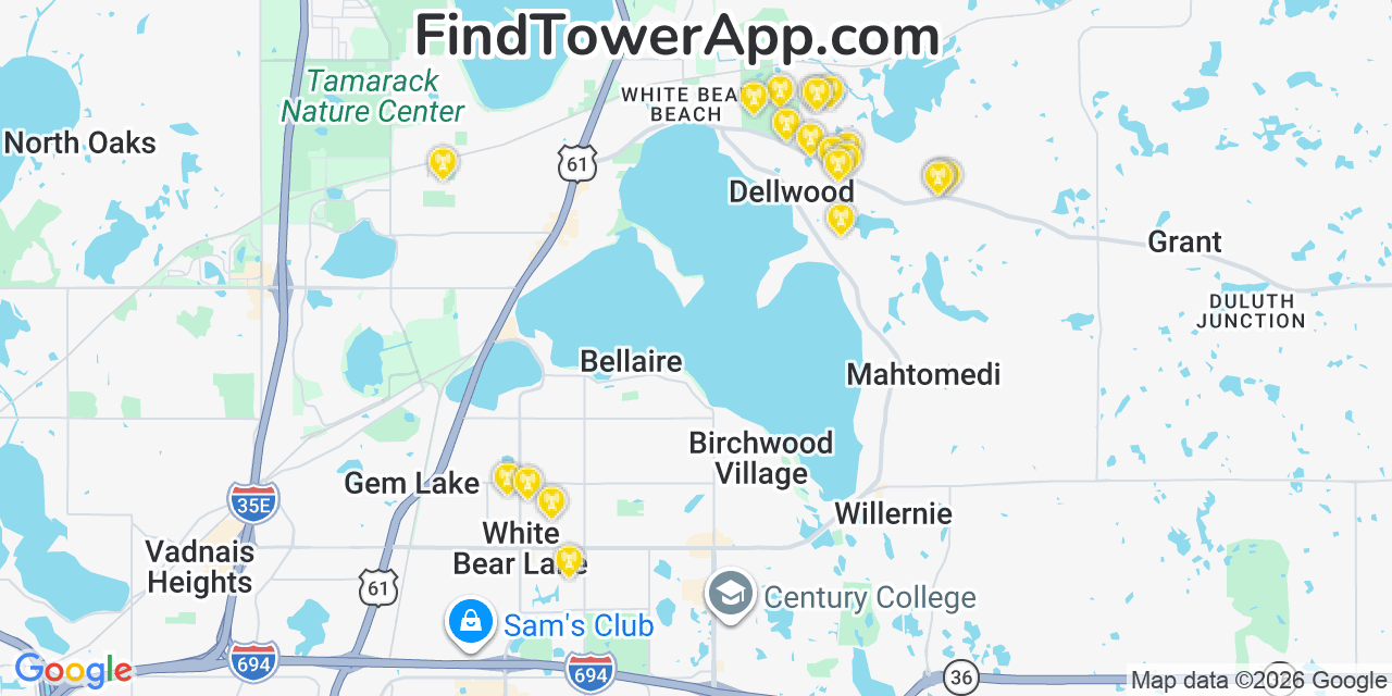 Map showing the 20 primary cell tower locations detected in Dellwood, Minnesota from AT&T, Verizon, and T-Mobile networks