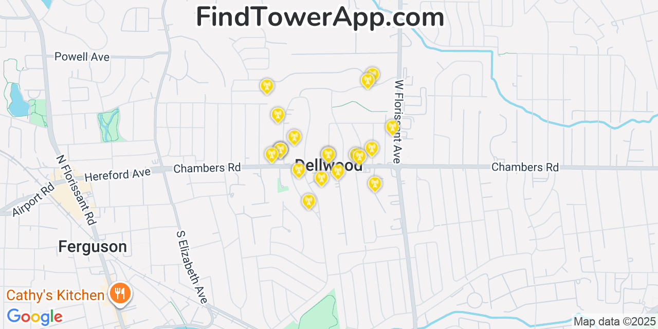 Map showing the 20 primary cell tower locations detected in Dellwood, Missouri from AT&T, Verizon, and T-Mobile networks