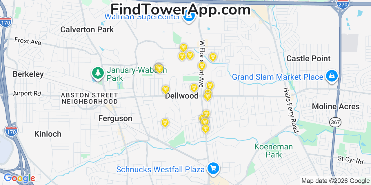 Map showing the 20 primary cell tower locations detected in Dellwood, Missouri from AT&T, Verizon, and T-Mobile networks
