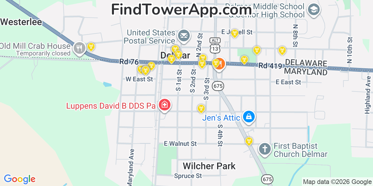 Map showing the 20 primary cell tower locations detected in Delmar, Delaware from AT&T, Verizon, and T-Mobile networks