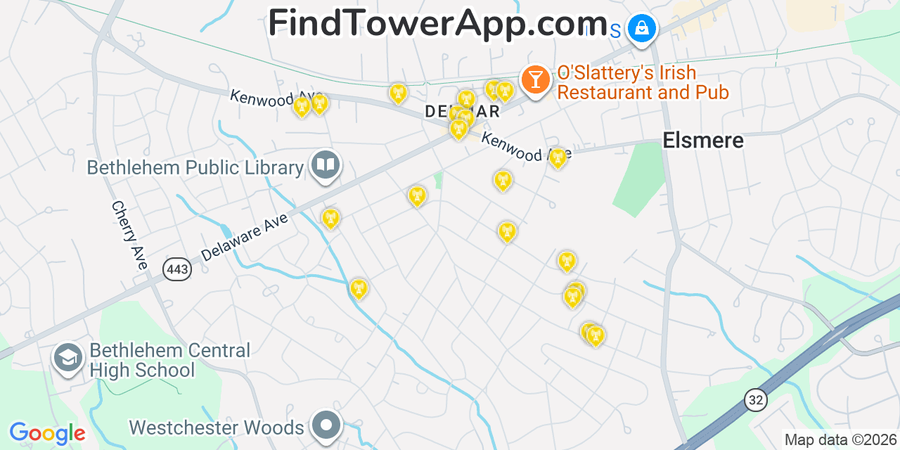 Map showing the 20 primary cell tower locations detected in Delmar, New York from AT&T, Verizon, and T-Mobile networks