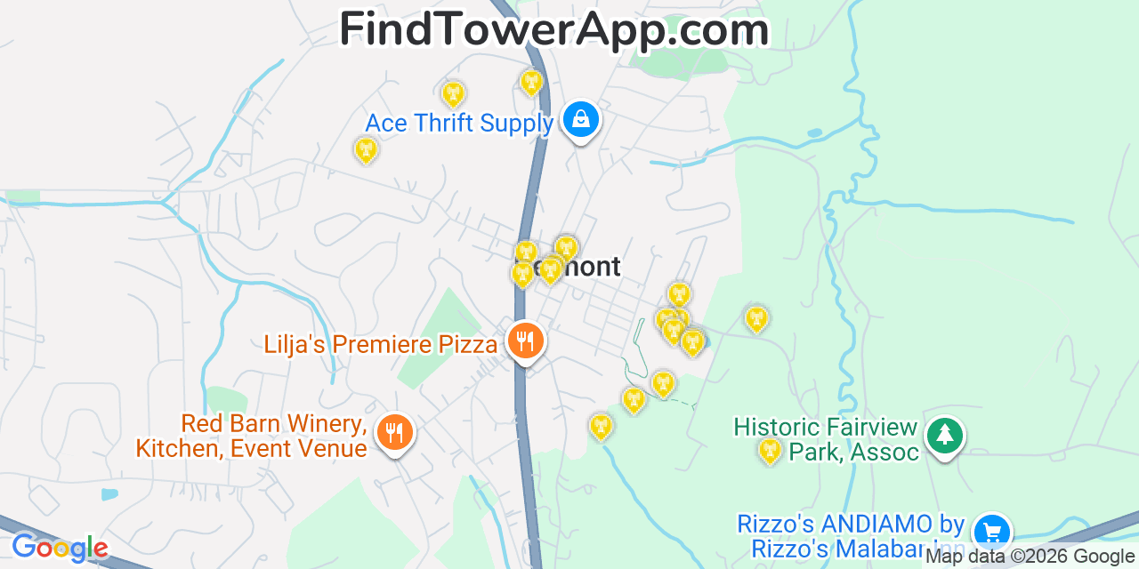 Map showing the 20 primary cell tower locations detected in Delmont, Pennsylvania from AT&T, Verizon, and T-Mobile networks