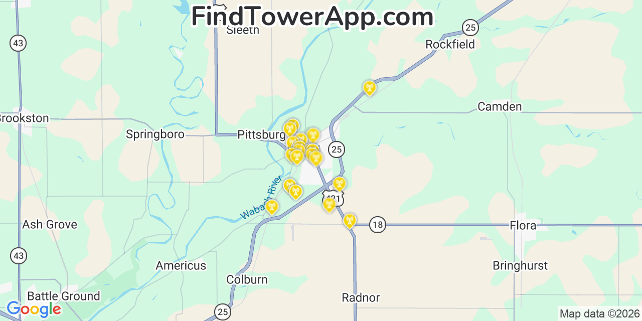 Map showing the 20 primary cell tower locations detected in Delphi, Indiana from AT&T, Verizon, and T-Mobile networks