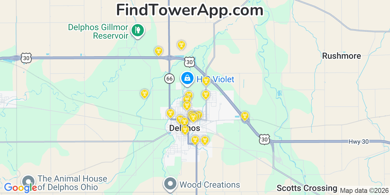 Map showing the 20 primary cell tower locations detected in Delphos, Ohio from AT&T, Verizon, and T-Mobile networks