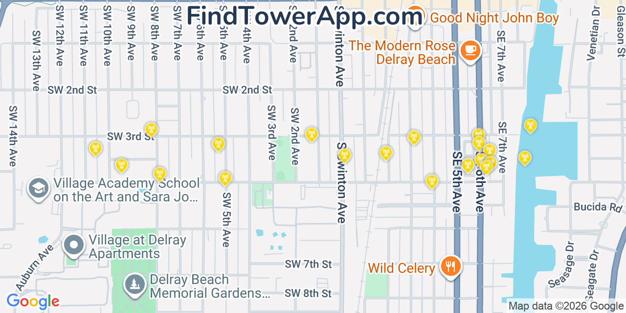 Map showing the 20 primary cell tower locations detected in Delray Beach, Florida from AT&T, Verizon, and T-Mobile networks