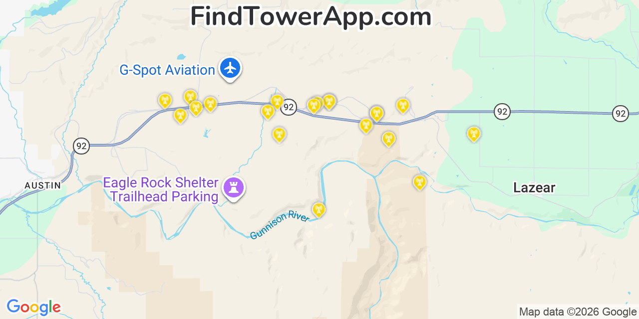 Map showing the 20 primary cell tower locations detected in Delta, Colorado from AT&T, Verizon, and T-Mobile networks
