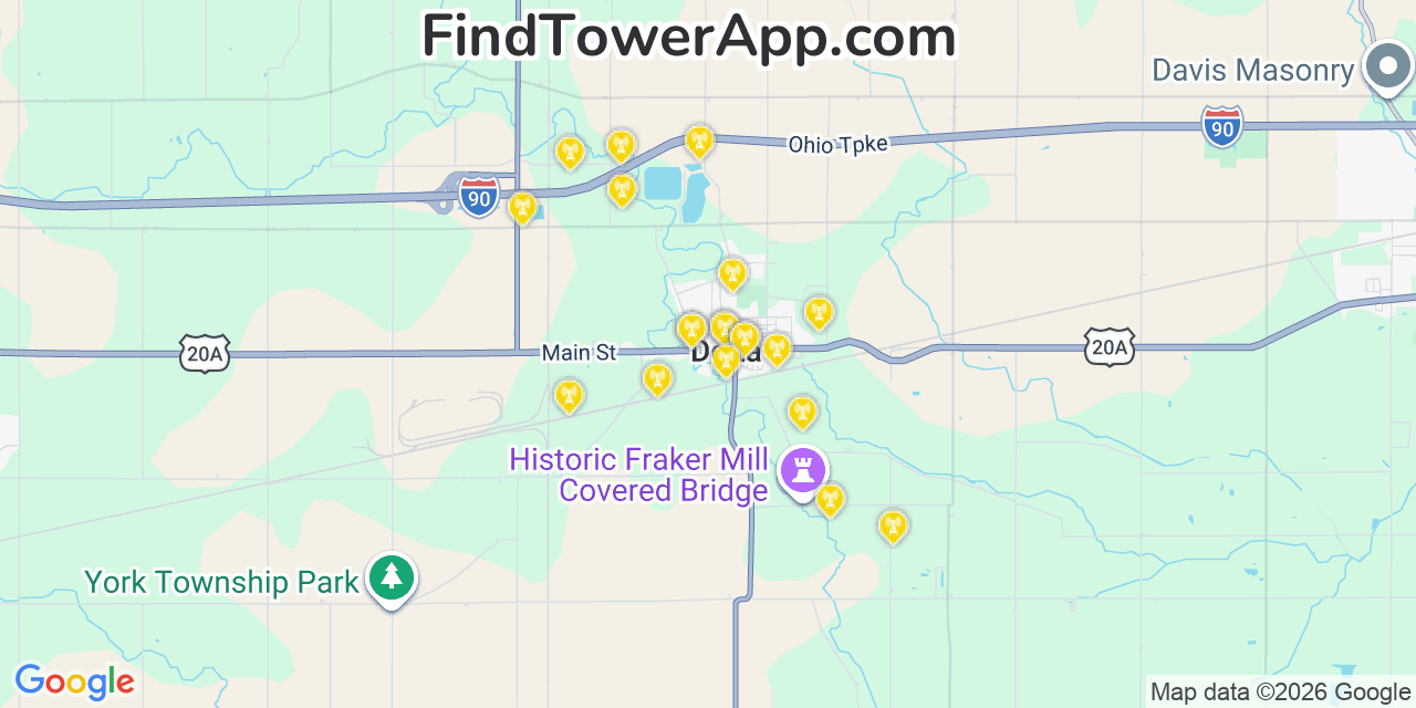 Map showing the 20 primary cell tower locations detected in Delta, Ohio from AT&T, Verizon, and T-Mobile networks