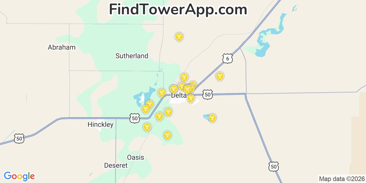 Map showing the 20 primary cell tower locations detected in Delta, Utah from AT&T, Verizon, and T-Mobile networks