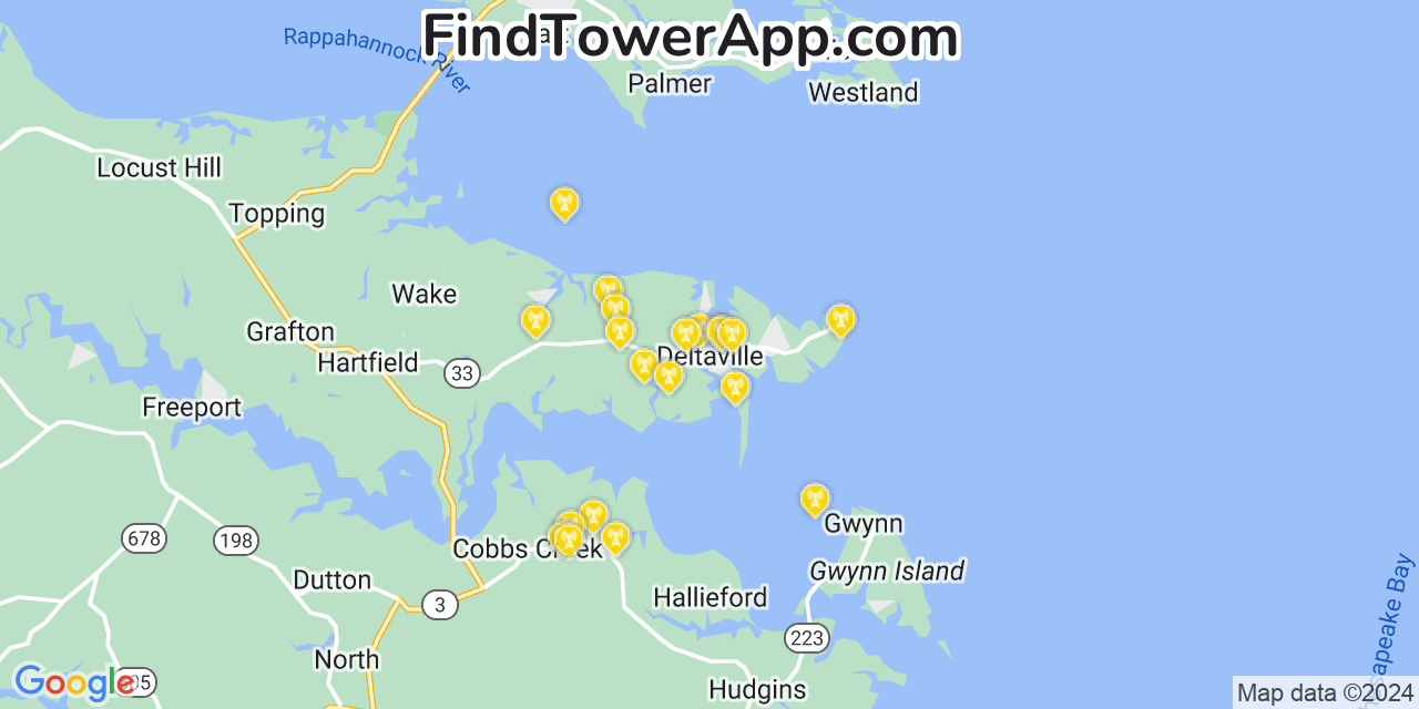 AT&T 4G/5G cell tower coverage map Deltaville, Virginia