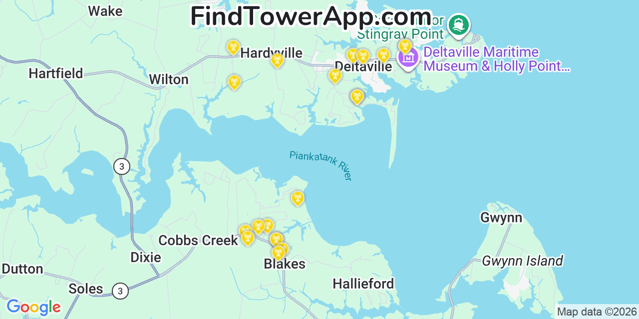 Map showing the 20 primary cell tower locations detected in Deltaville, Virginia from AT&T, Verizon, and T-Mobile networks