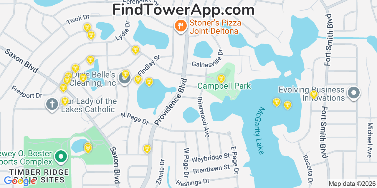 Map showing the 20 primary cell tower locations detected in Deltona, Florida from AT&T, Verizon, and T-Mobile networks