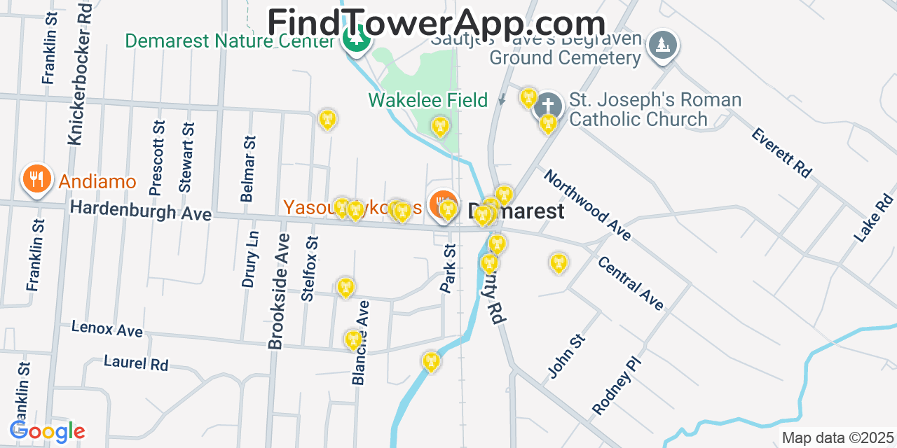 Map showing the 20 primary cell tower locations detected in Demarest, New Jersey from AT&T, Verizon, and T-Mobile networks
