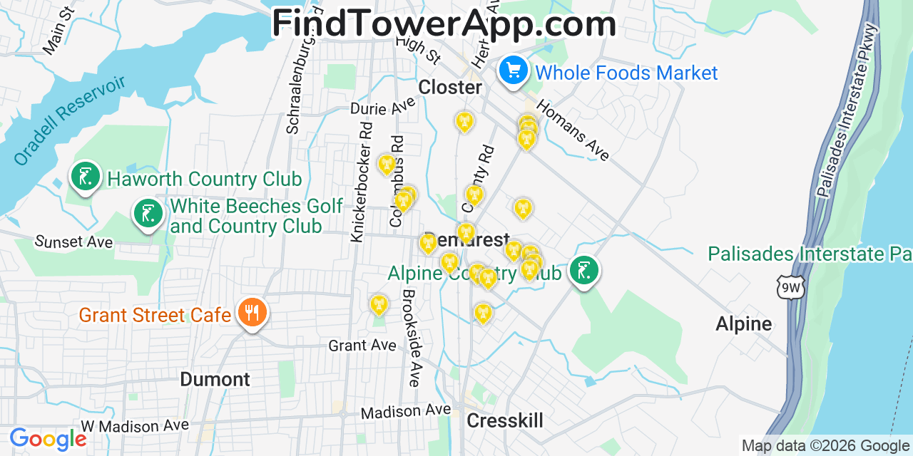 Map showing the 20 primary cell tower locations detected in Demarest, New Jersey from AT&T, Verizon, and T-Mobile networks