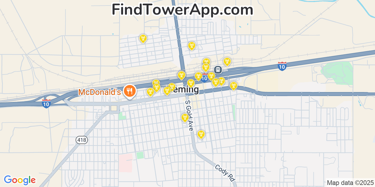 Map showing the 20 primary cell tower locations detected in Deming, New Mexico from AT&T, Verizon, and T-Mobile networks