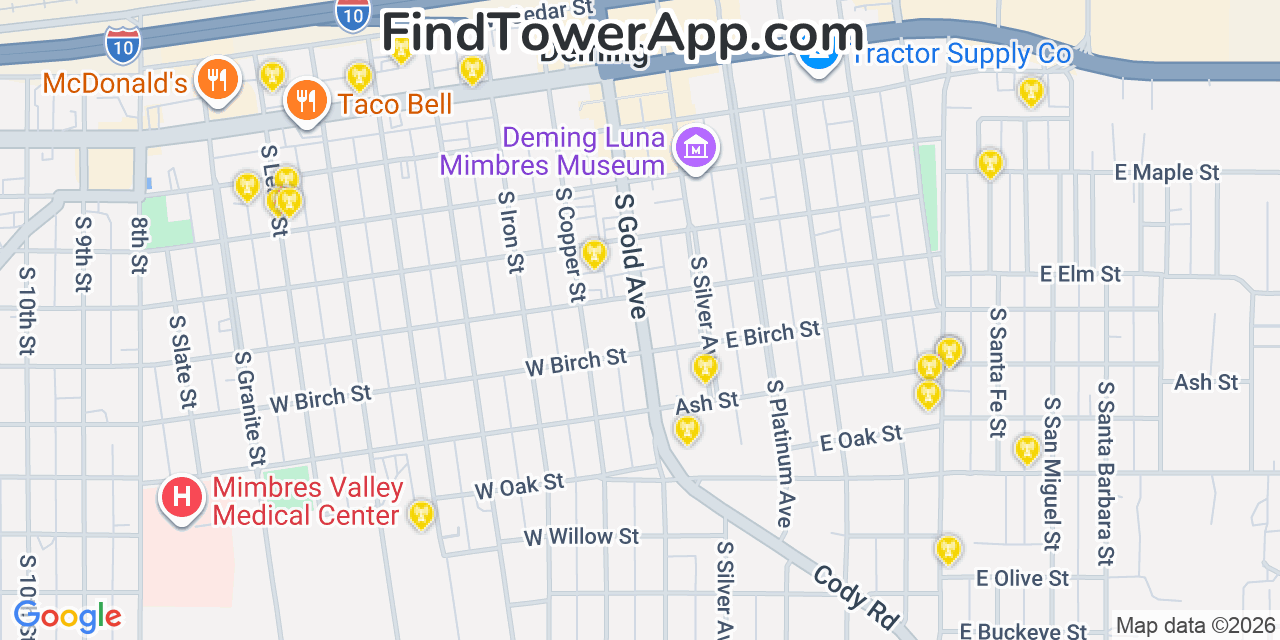 Map showing the 20 primary cell tower locations detected in Deming, New Mexico from AT&T, Verizon, and T-Mobile networks