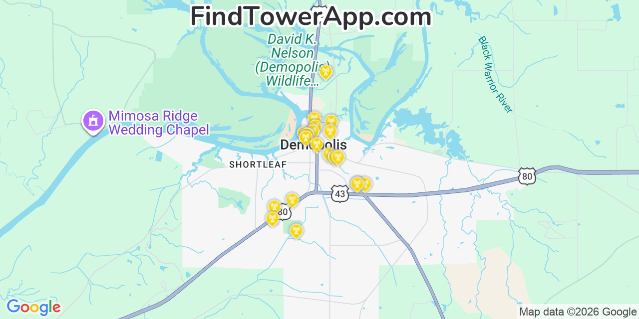Map showing the 20 primary cell tower locations detected in Demopolis, Alabama from AT&T, Verizon, and T-Mobile networks