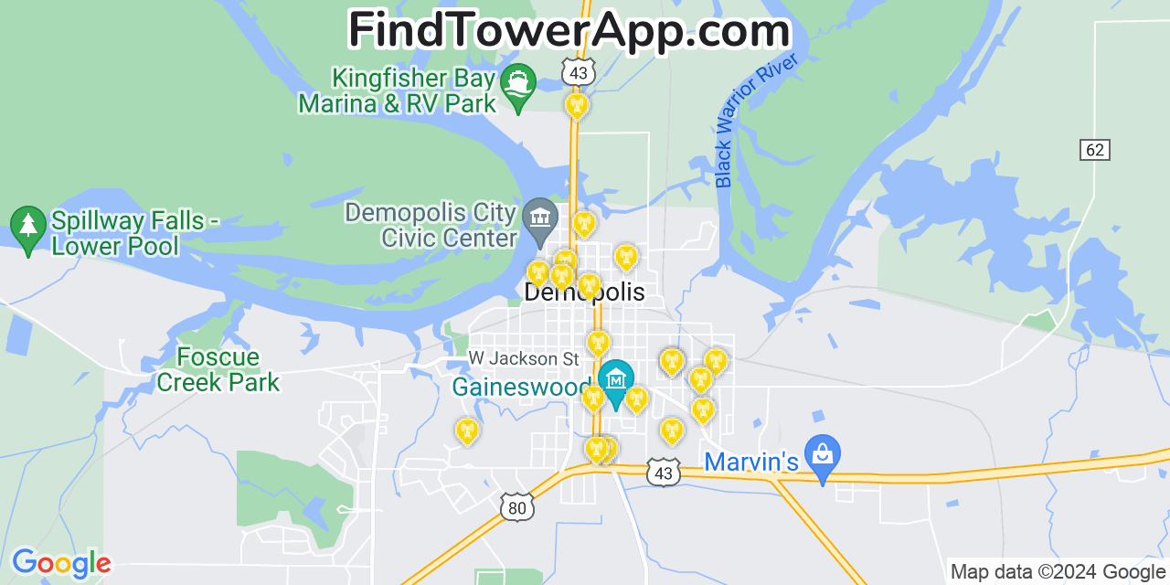 Verizon 4G/5G cell tower coverage map Demopolis, Alabama