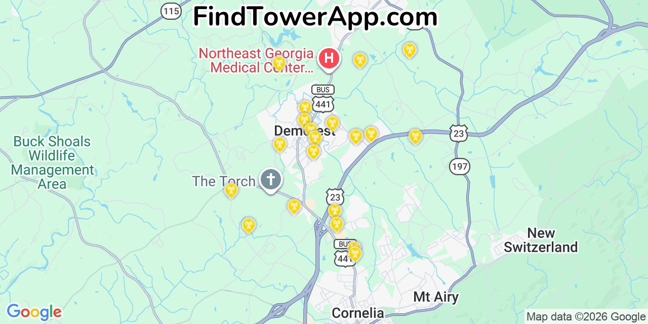 Map showing the 20 primary cell tower locations detected in Demorest, Georgia from AT&T, Verizon, and T-Mobile networks